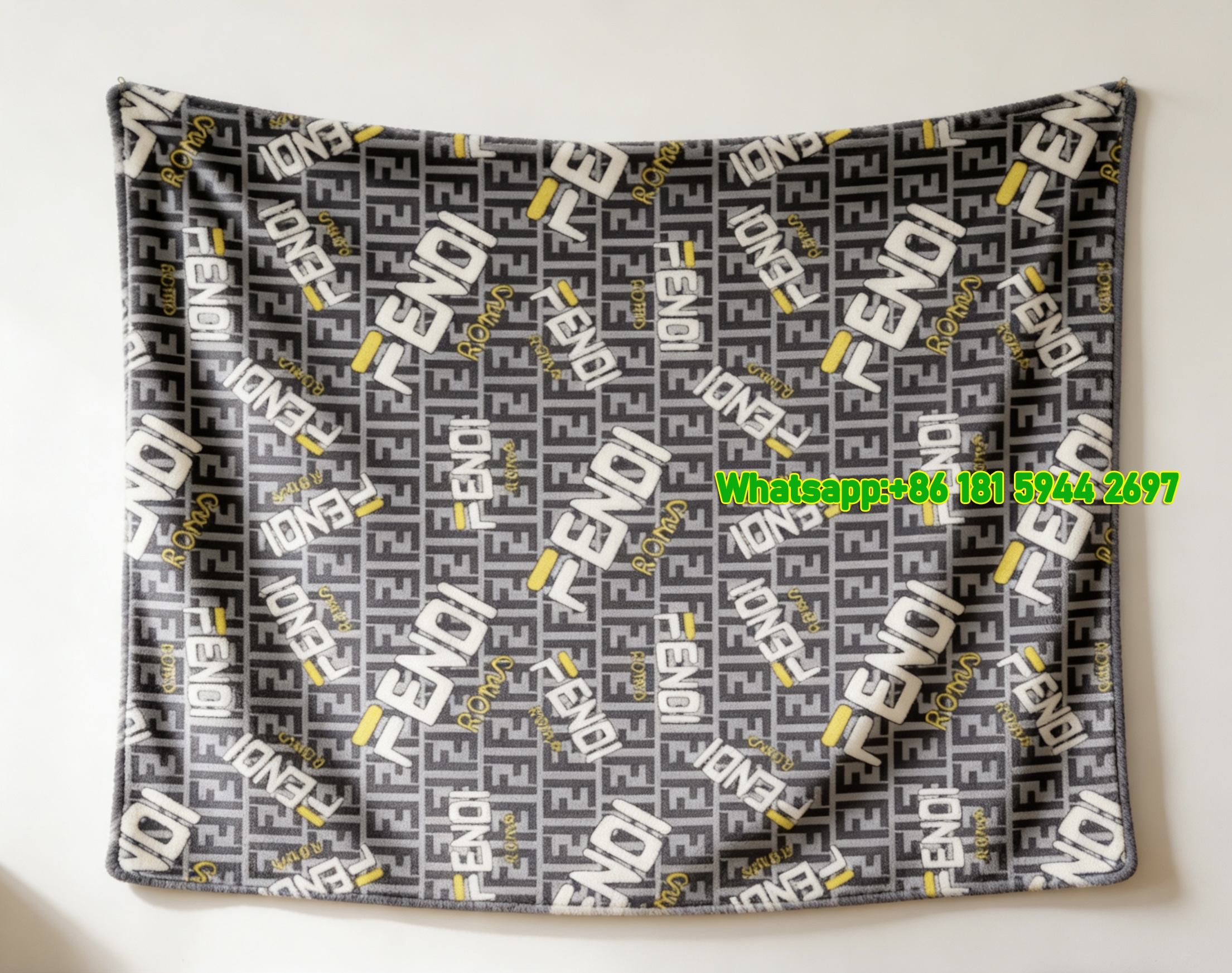 Fendi Grey White Yellow FF Monogram Flannel Throw Blanket IMG_9513
